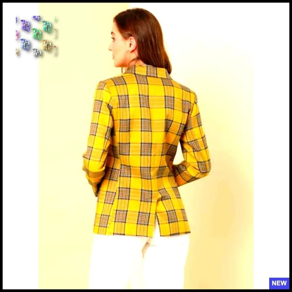 Notched Lapel Double Breasted Blazer Vintage Plaid Formal Work Office Chic